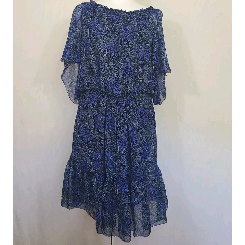 Elie Tahari Silk babydoll dress med lined blue floral boho hippy romantic sheer